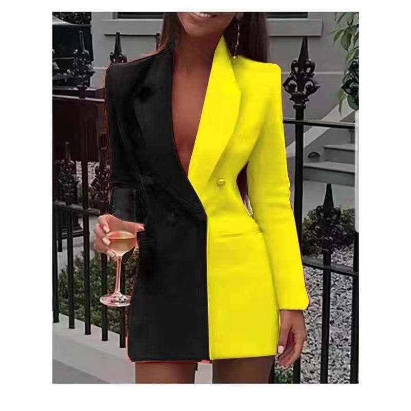 Elegant V Neck Office Suit Dress Long Sleeve Colorblock Casual Blazer Yellow