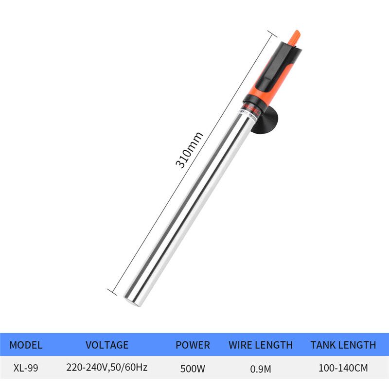 500W 31cm Stainless Steel Submersible Aquarium Heater Heating Rod Adjustable Temperature Control Thermostat For 100-140cm Fish Tank 220V Silver