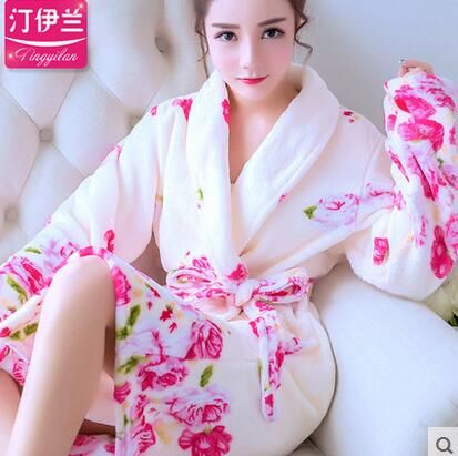 Ladies And Men Long Bathrobe Women Flower Flannel Kimono Bath Robe Bridal Wedding Bridesmaid Robes Dressing Gown Peignoir Badjas（#7）