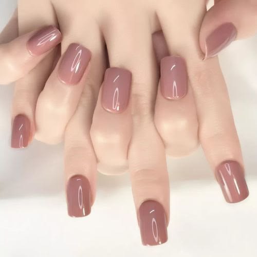 Dark Nude Short Glossy Press On Nails - 20 Pcs