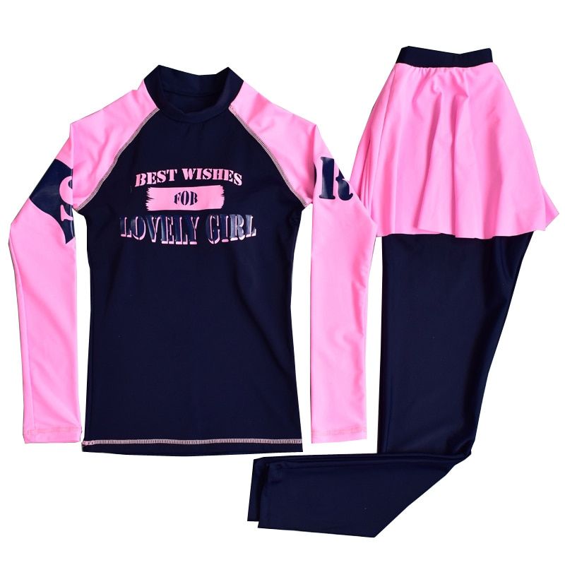 Teenager Girl Rashguard Swimsuit Long Sleeve Padded Shirt Pants With Skirt Chindren Kids Beach Wear 10-16Y Pink