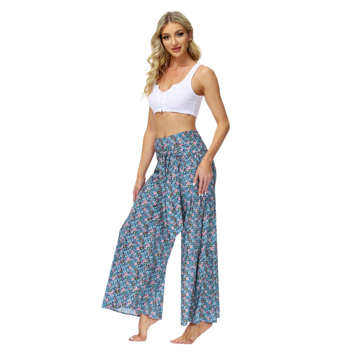 Ladies Beach Wide Leg Pants Tie Pants Digital Printing Loose Casual Pants -Blue