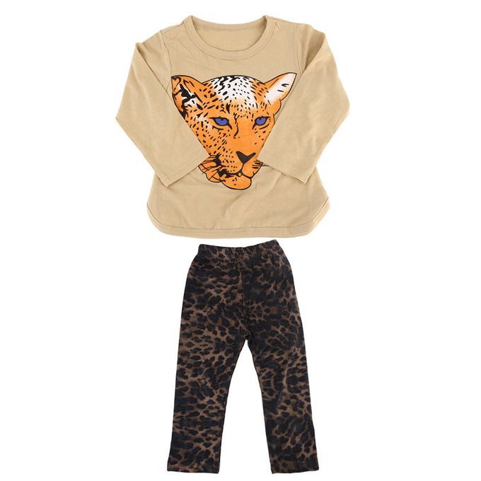 Baby Fashion Gi S Pure Otton Leopard Print Long Sleeve Shirt And Pants Set-Khaki-110