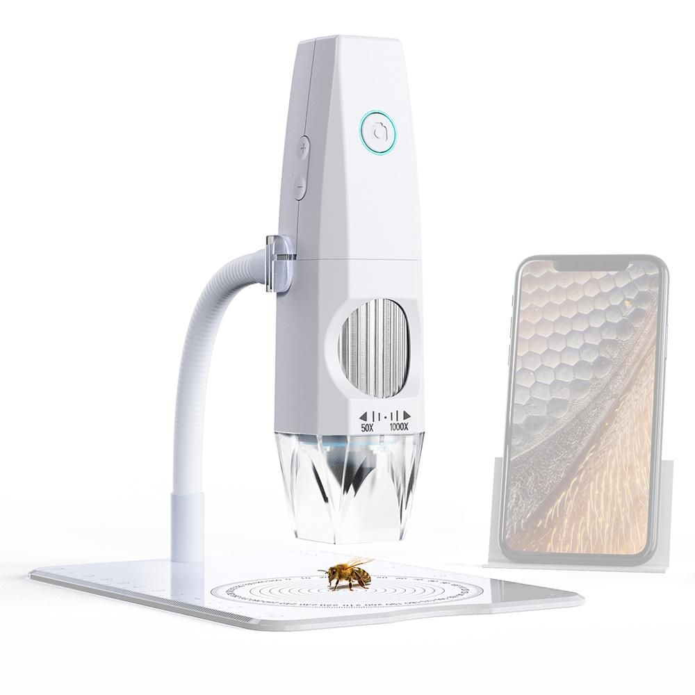 2MP 1080P WiFi Electron Microscope USB Mobilephone Computers Connecting Microscope Photo Video Taking Portable Electron Microscope with 8 LED Lights Bendable Stand