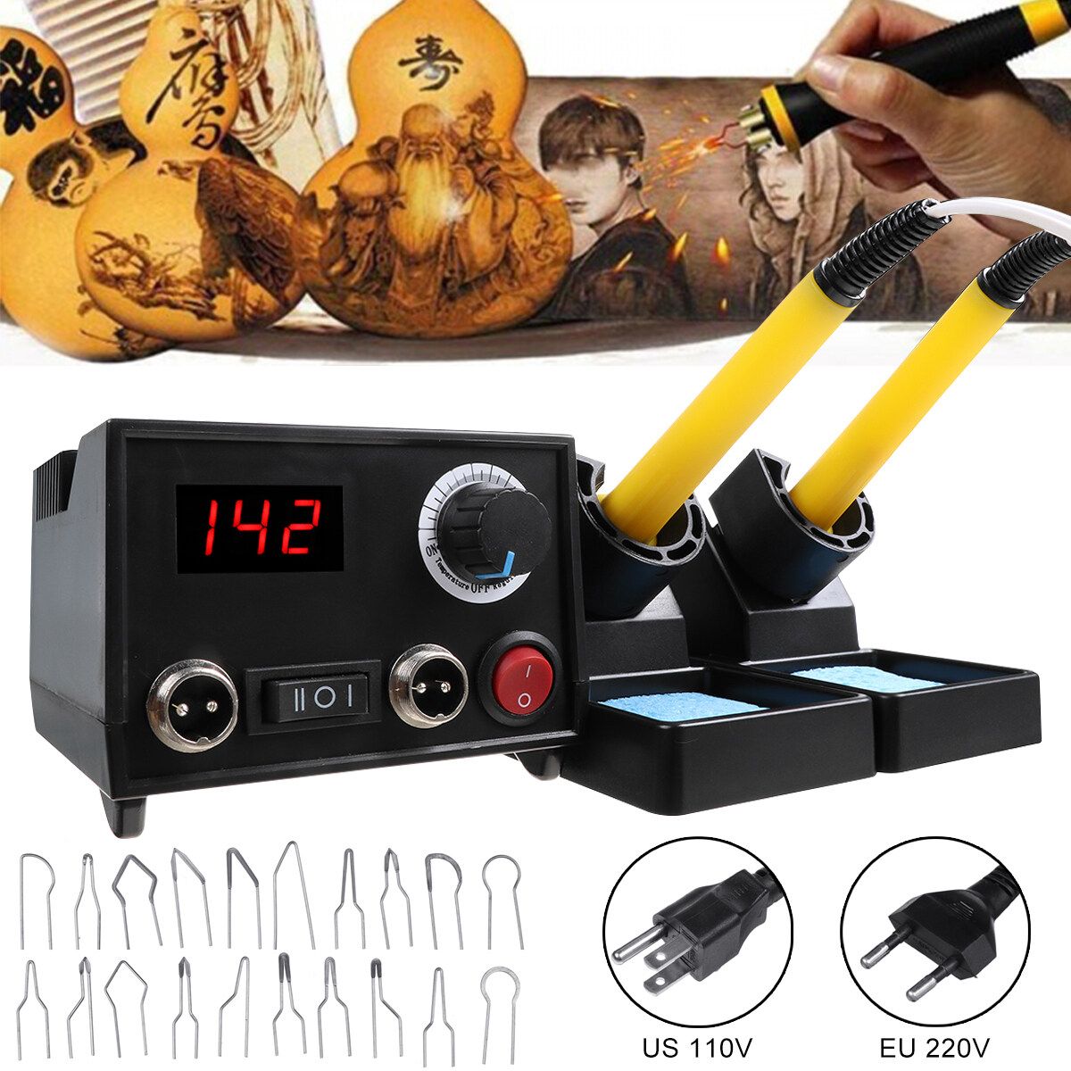 60W Wood Burning Pen Tool Multifunction Craft Pyrography Machine Set Kit EU Plug 220V