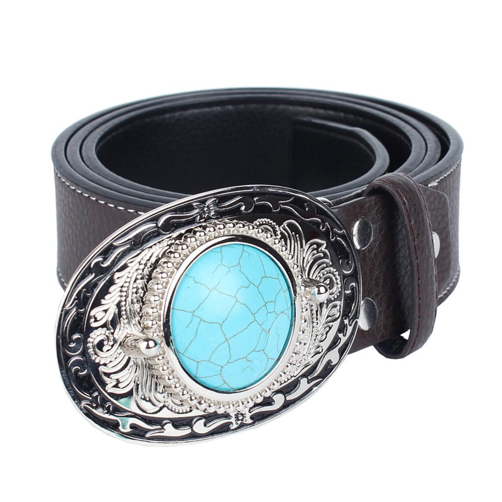 Retro Native American Carved Turquoise Buckle Firber Leather Coffee