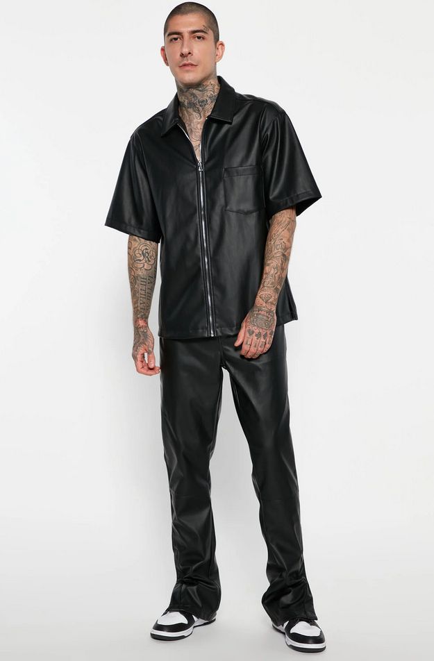 Faux Leather Short Sleeve Zip Up Shirt With Pant - Black