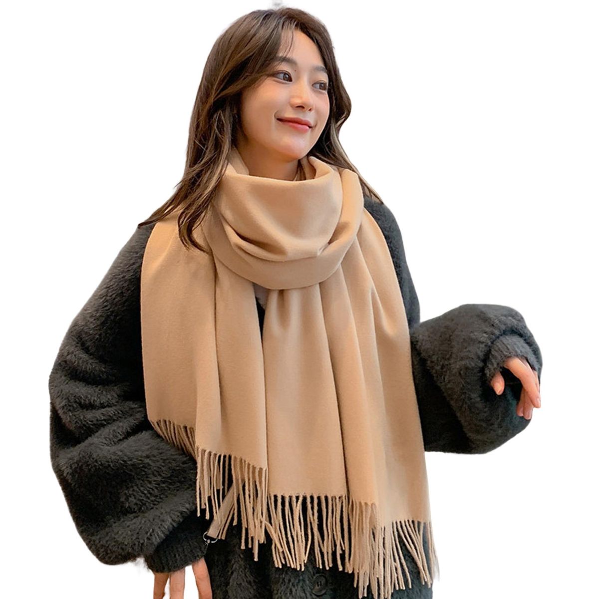 Shawl Wrap Plain Fringed Tassels Comfortable Soft-Beige