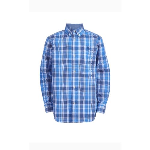 Boys Luxury Long Sleeve Denim Checkered Plaid Shirt- Blue