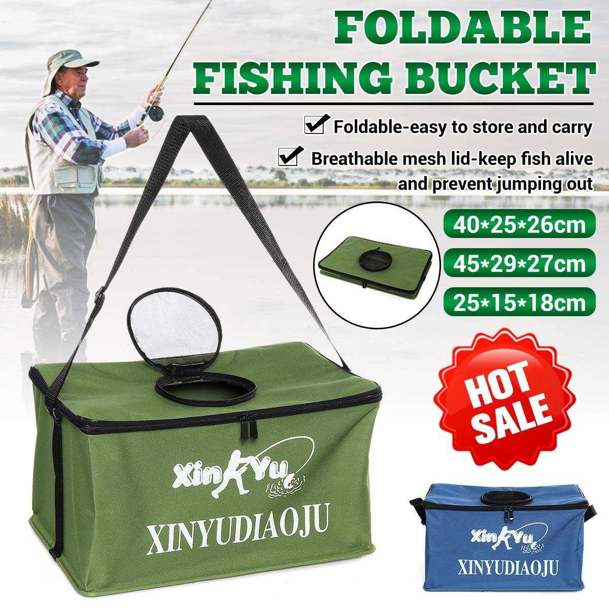(GREEN/BLUE) Thickened-Canvas Waterproof Portable Foldable Bucket Folding Tank Live Fish Bait Storage Box Water Basin For Camping Green