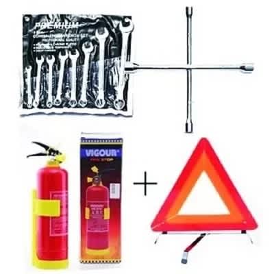 1kg Fire Extinguisher + Wheel Spanner + 8 Pcs Flat & Ring Spanner + C-caution