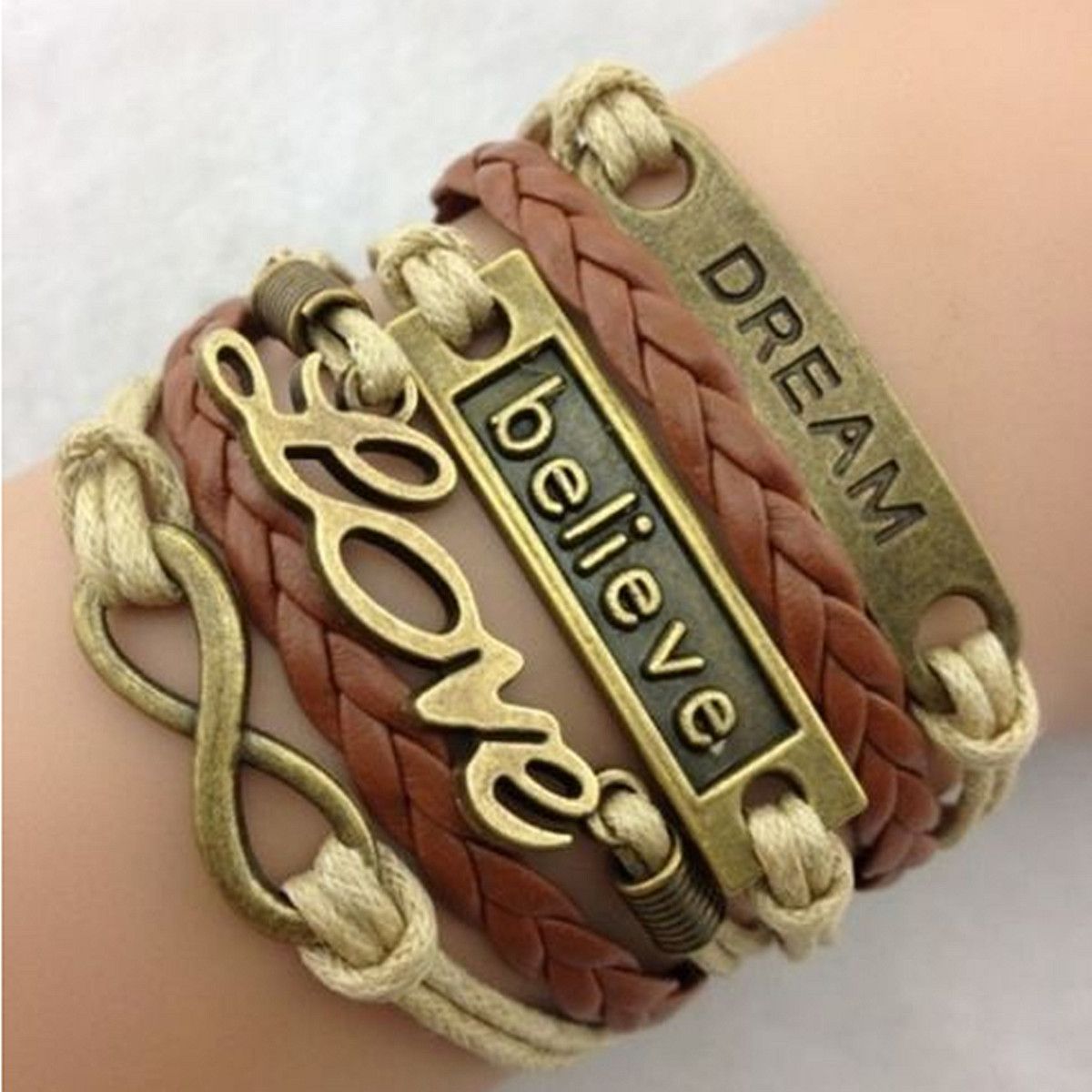 Cute DIY Style Jewelry Leather Infinity Charm Weave Bracelet Alloy Wax Rope