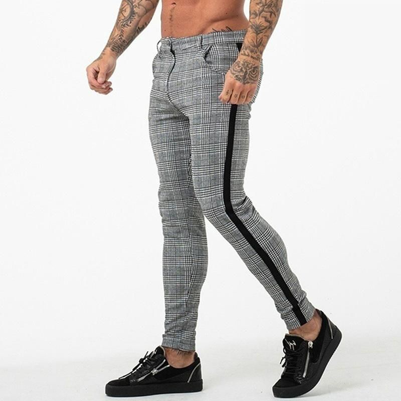 Casual Mens Chinese Cotton Slim Fit Men Skinny Chinese Pants Gray Trousers Streetwear Plaid Side Striped Pants