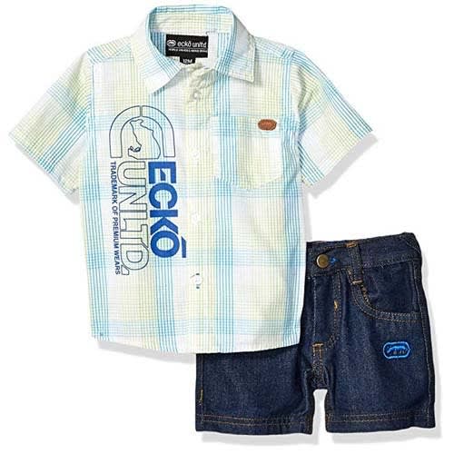 Shortsleeve Plaid Woven Shirt And Denim Short Set