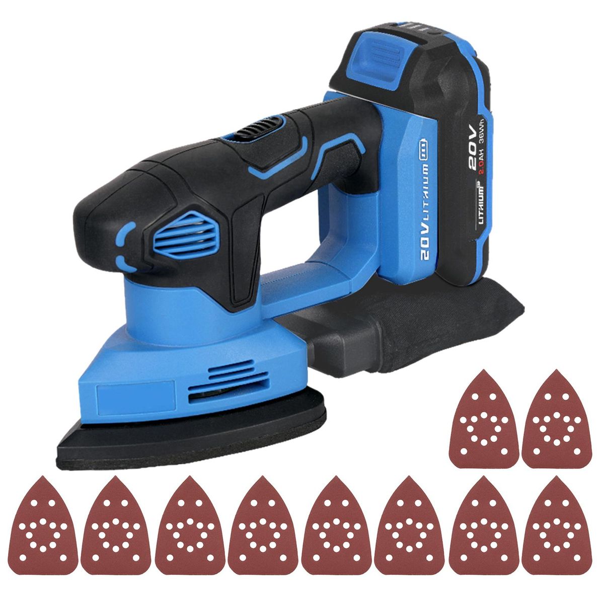 20V Cordless Random Orbit Sander Kit Detail Orbital Sander with 10 Pcs Sandpapers 2.0Ah Lithium Battery and Charger Sanders for Woodworking