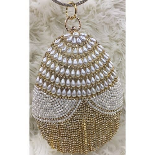 Clutch Beaded Metallic Clutch Purse With Droppings-Gold