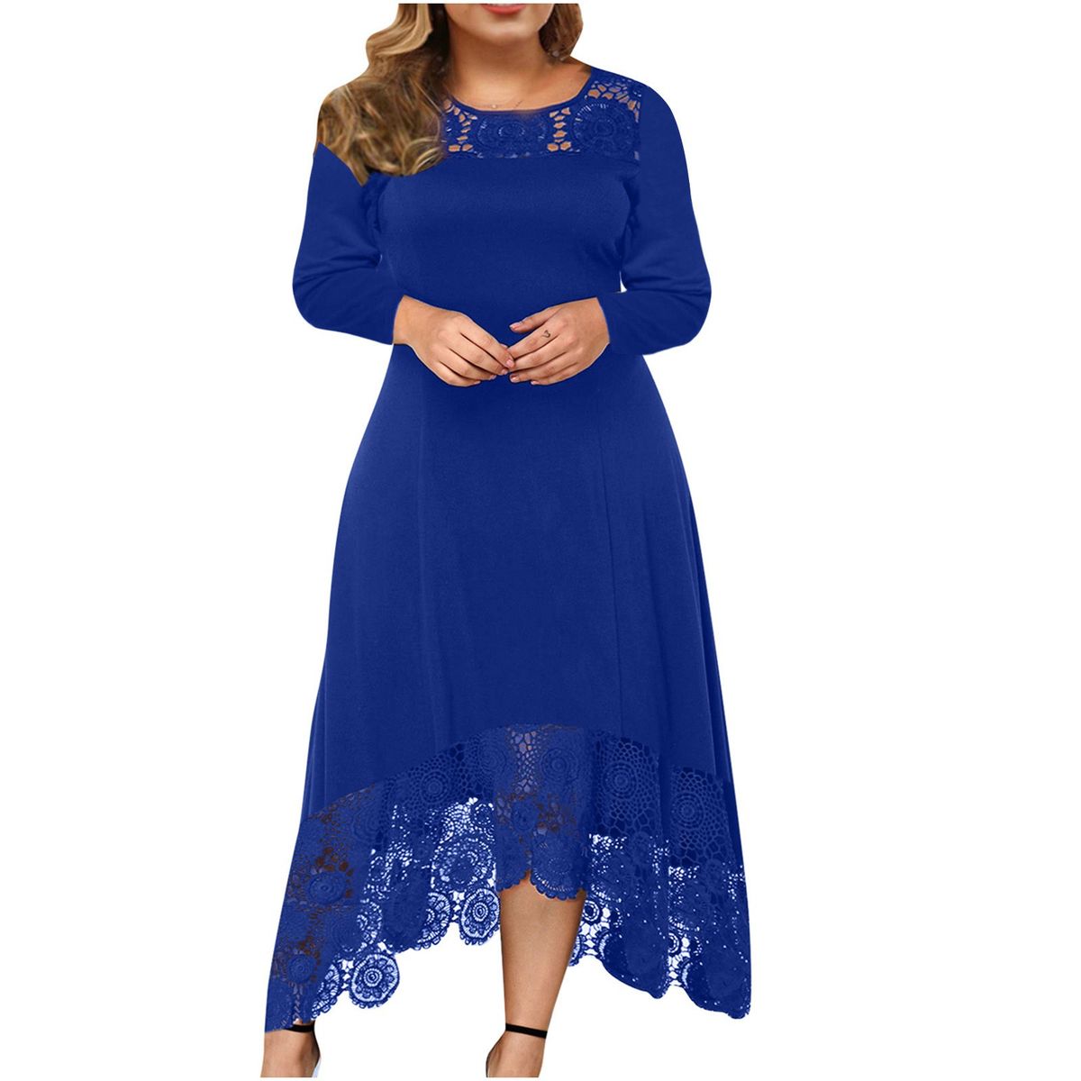 (Blue)Plus Size Women Dress Vestidos Autumn Casual Long Sleeve Irregular Lace Hem Long Dress Boho Beach Party Formal Maxi Dress 5XL SAB