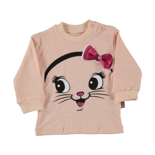 Baby Girl Sweatshirt Cat Face Ribbon Salmon