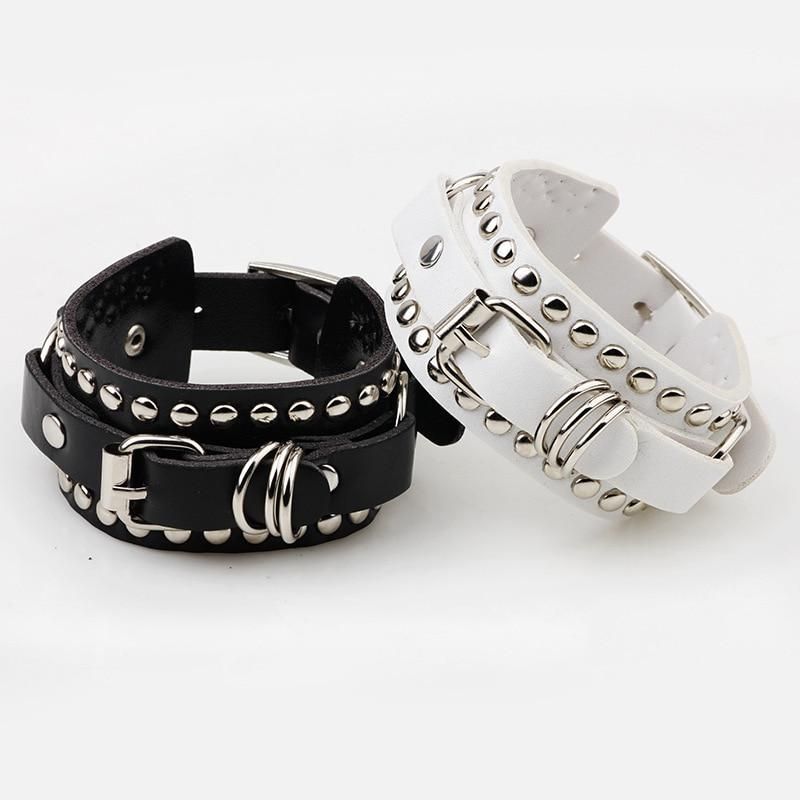 New Personality Black White Rock Spikes Rivet Chains Bracelets for Women Men Gothic Punk Wide Cuff Leather Couple Bangle Jewelry