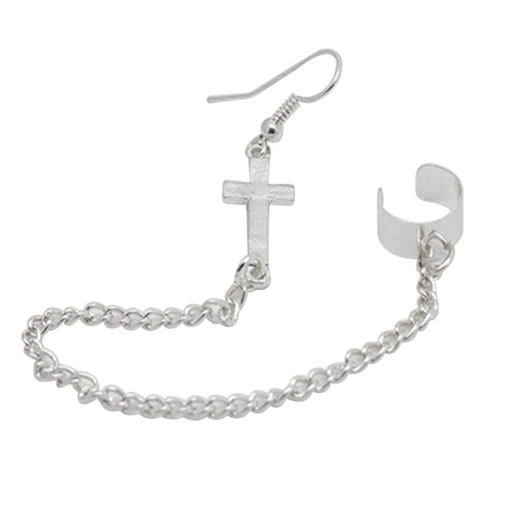 Punk Cross Charm Chain Cartilage Ear Cuff Clip Hook-Silver