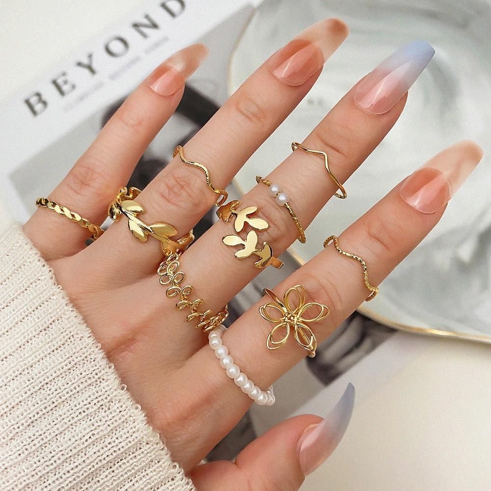 IPARAM Bohemian Wave Flower Rings Set For Women Vintage Geometric Pearl Butterfly Metal Chain Knuckle Rings Trendy Jewelry Gift