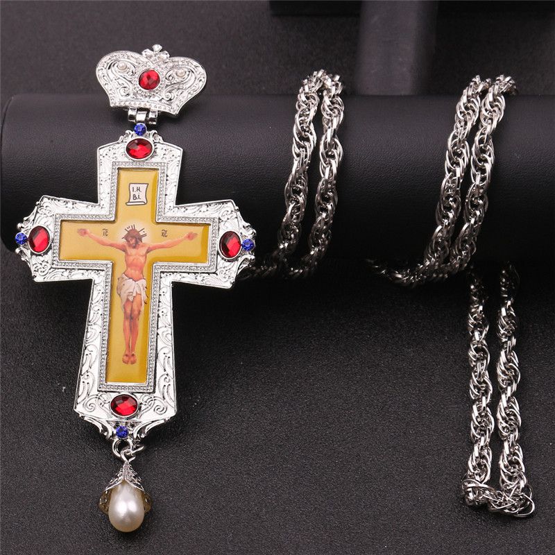 Pendant Necklace Gold Pectoral Cross Crucifix Clear Crystal