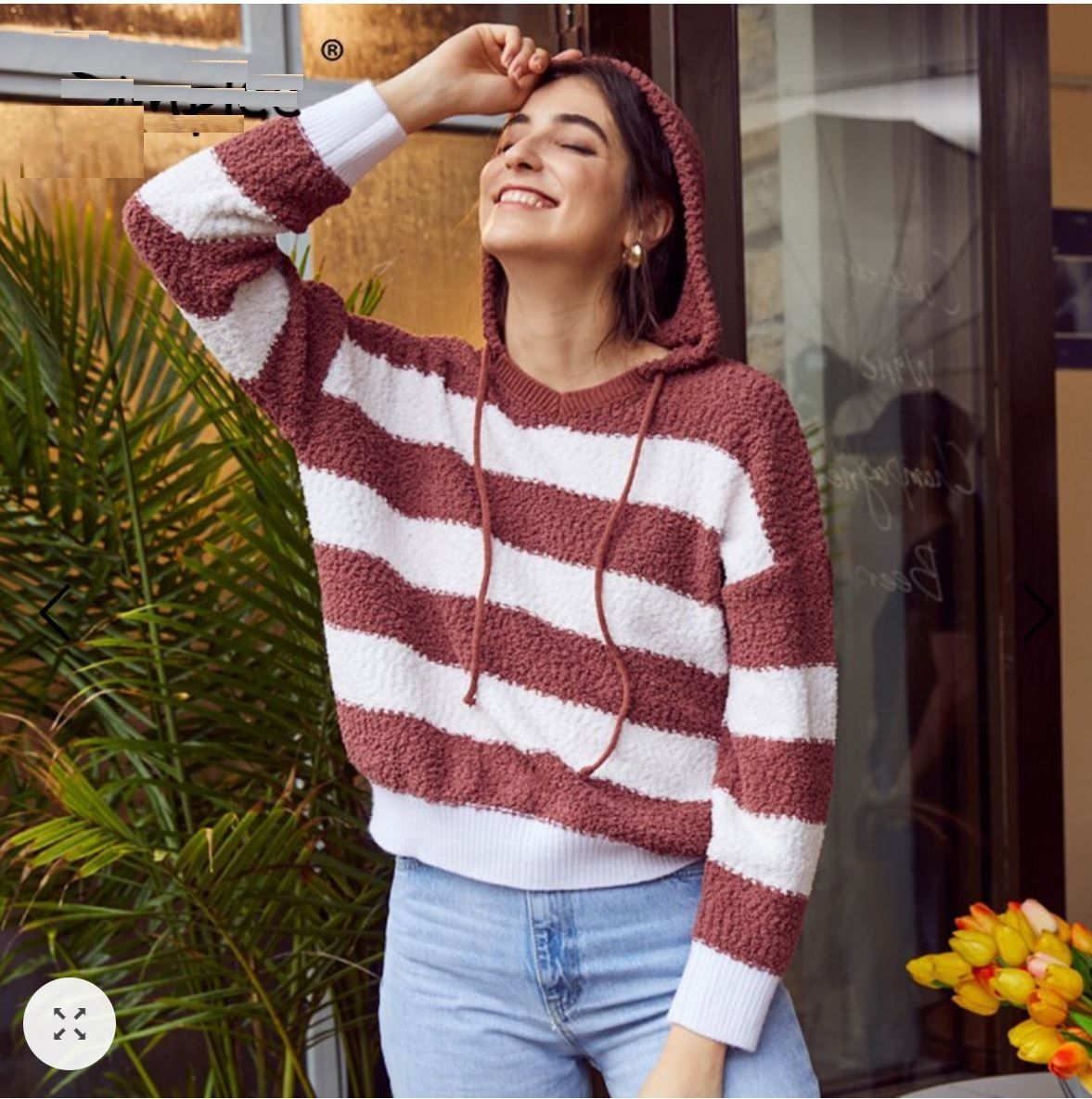 Women Stripe Patchwork Fleece Knitted Sweatshirt Pullover Hoodie