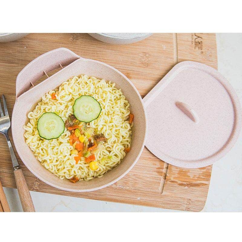 1 PC Practical Kitchen Instant Noodle Bowl With Lid Creative Design Lazy Mobile Phone Holder Wheat Straw Tableware Multifunctional Soup Bowl Pink