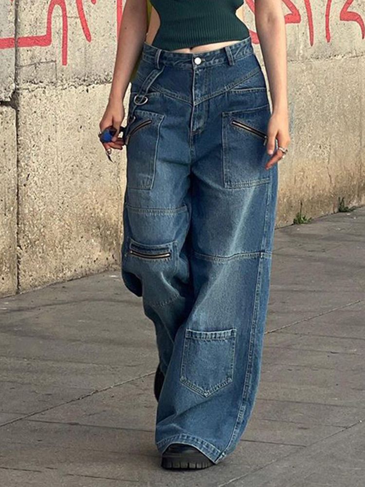 (sky Blue)Weekeep Fashion Vintage 2000s Streetwear Jeans Women Low Waist Button Up Straight Pants Korean Retro Baggy 90s Denim Cargo Pants ACU