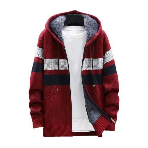 Men Hooded Coat Color Block Knitted Autumn Winter Casual Men Jacket Thicken