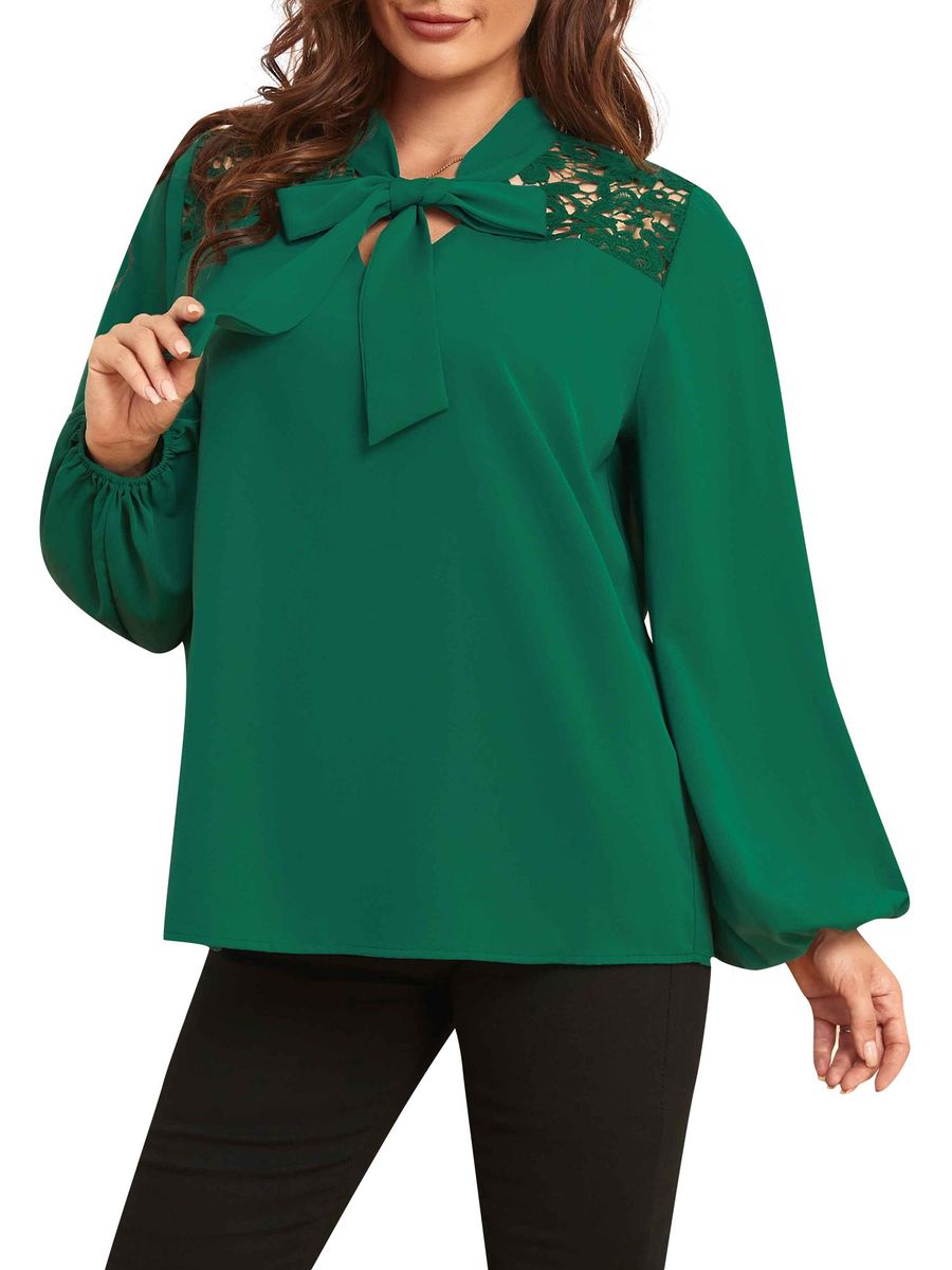 Women Plus Size Blouse Neck Tie Long Sleeve Lace Casual Shirts