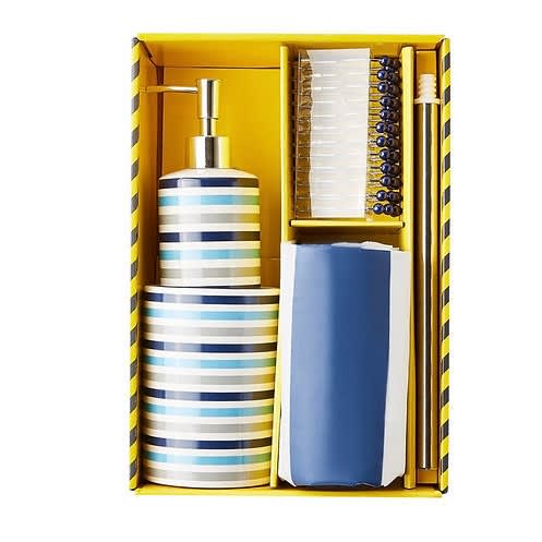 Noon East - Bathroom Gift Set - 15 Pieces - Blue & Grey Thick Stripes