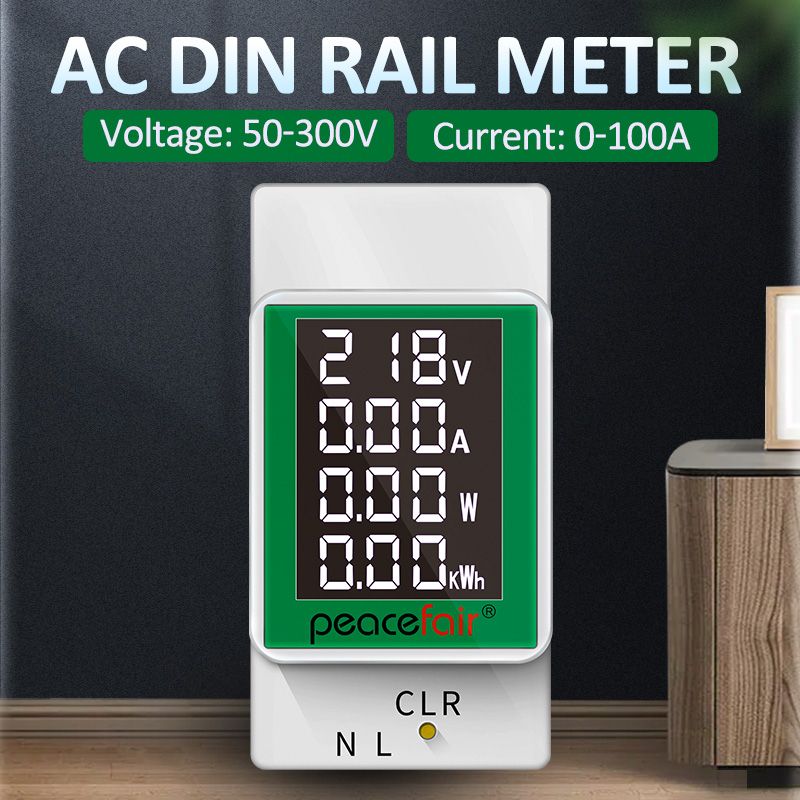 Peacefair PZEM-008 AC Single Phase Din Rail Watt Energy Meter Electric Ampere Volt Digital Power Kwh Analyzer 50-300V 0-100A