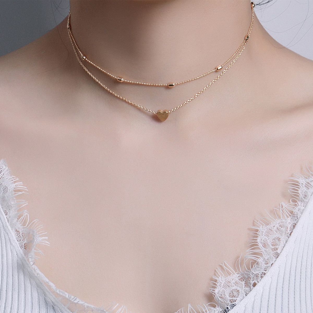 Simple And Small Heart Double Oval Bead Clavicle Chain Women's Necklace-Gold