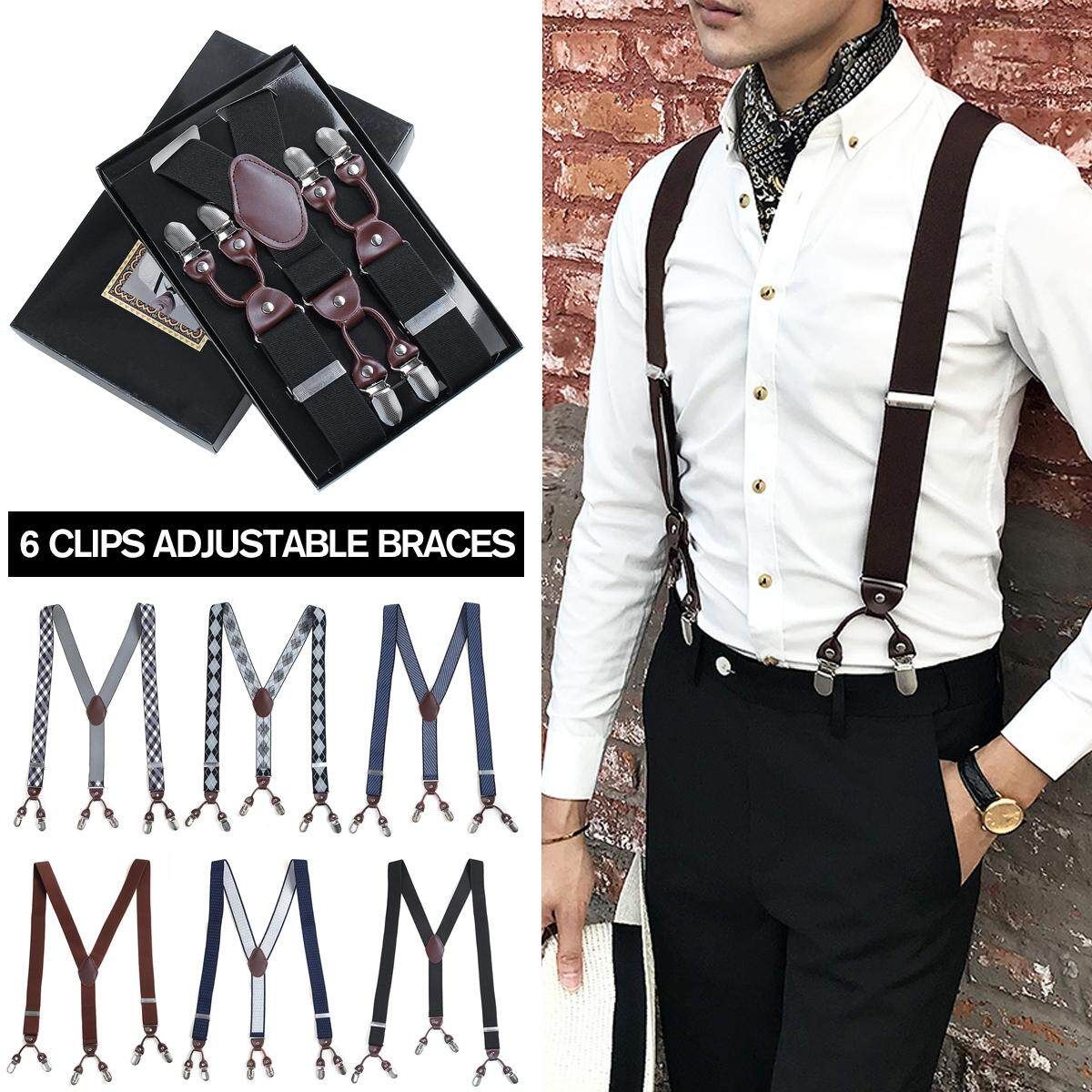 Fashion Men's Adjustable Elastic Belt Strap Suspenders 6 Clips Leather Braces Strap Not Specified