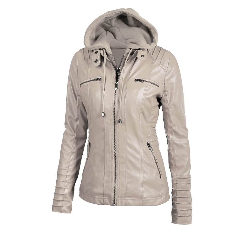 Women's Faux Leather Hooded Jacket Zippered Hoodie Short Slim Motorcycle Jacket Coat-beige