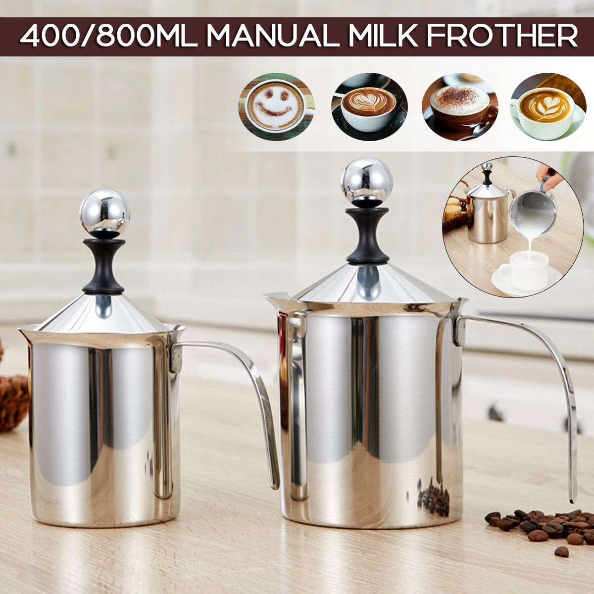 (400/800ml) Manual Milk Frother Double Mesh Foamer Pitcher Jug Coffee Cappuccino Foamer Creamer Milk Boiler Cup With Handle For Coffee Shop Home DIY 304-800ml