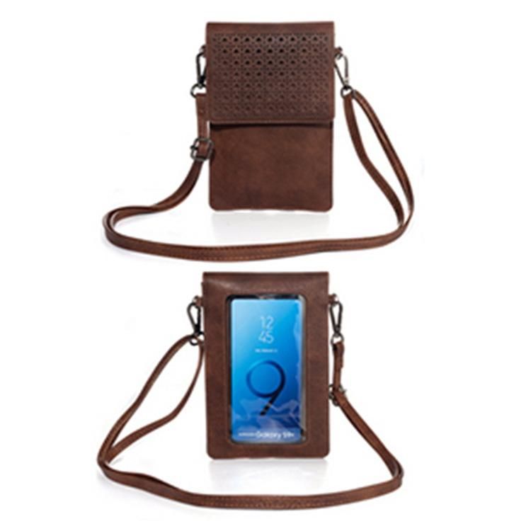 Casual women's bag fashion mobile phone card men's bag flip touch screen shoulder bag mesh breathable wallet leather case 6.4 inch dark brown