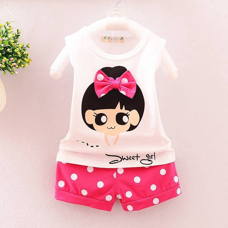 Girls Cartoon Print Vest + Polkadot Short Pant Clothing Set