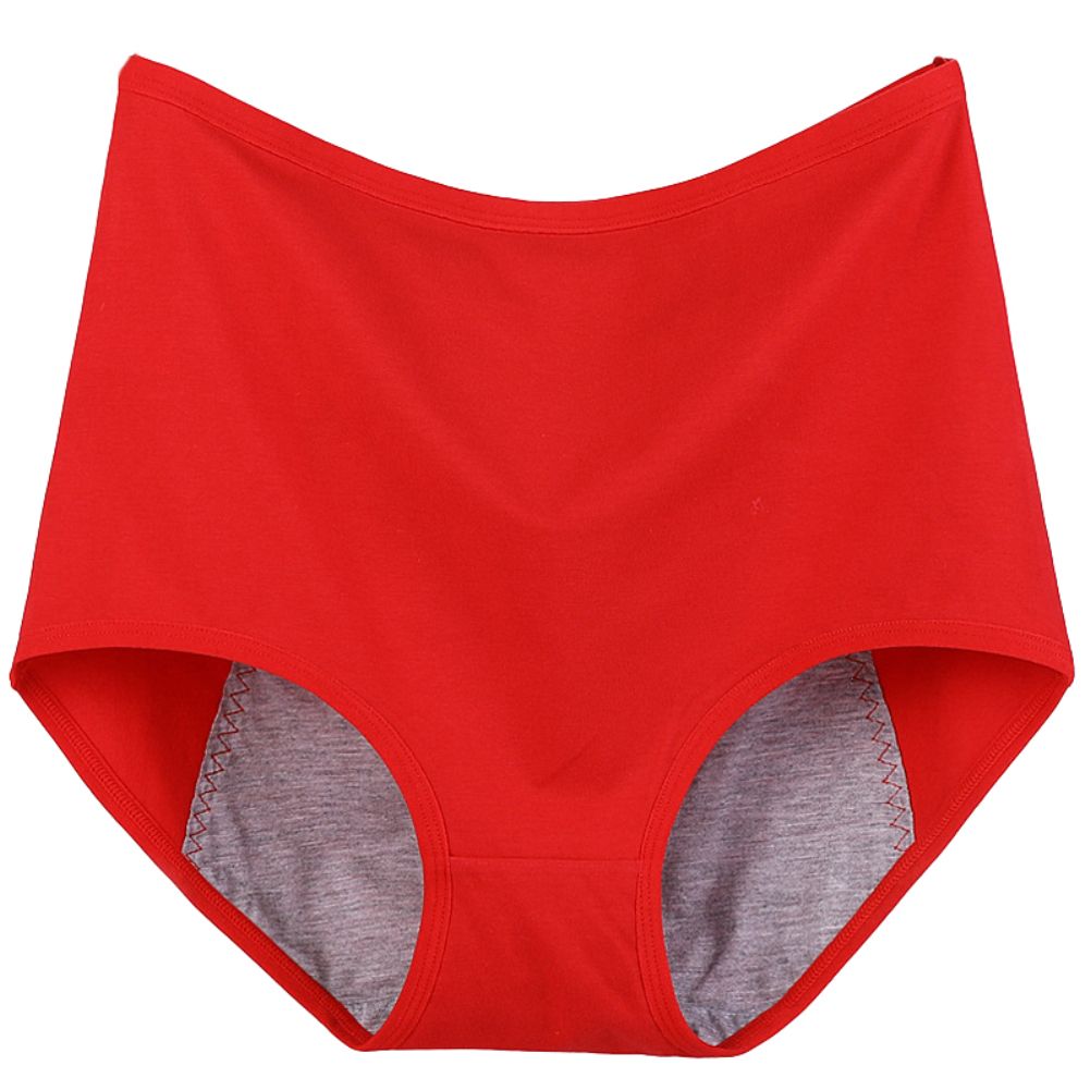 Women Casual High Waist Menstrual Period Leak Proof Underwear Cotton Briefs-Red
