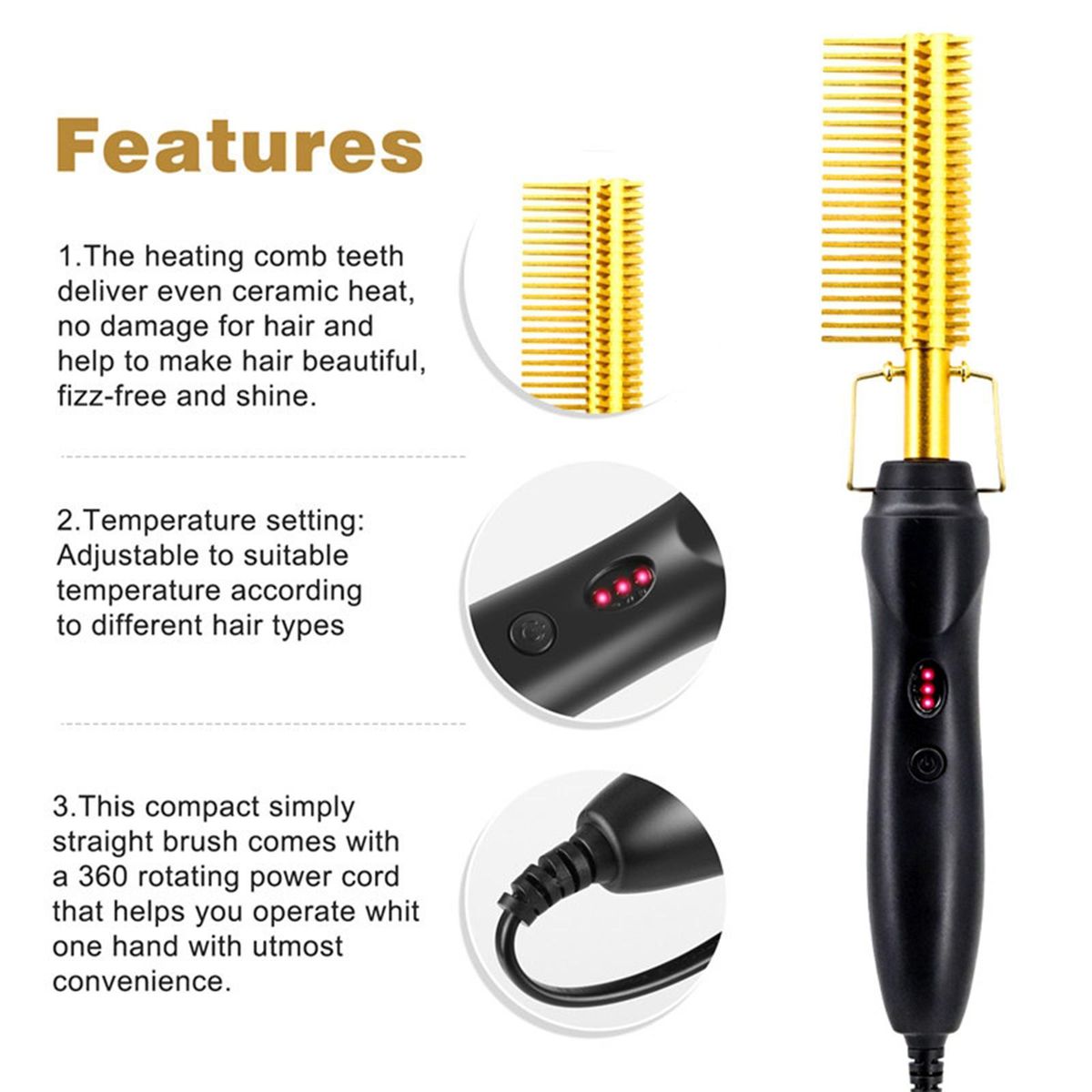 Hot Comb Curling Copper Hair Brush For Afro Hair Men Women UK Plug
