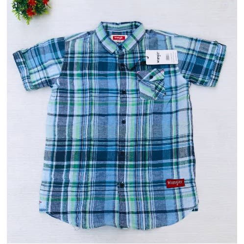 Plaid Boys Short Sleeve Button Down Shirt -Blue