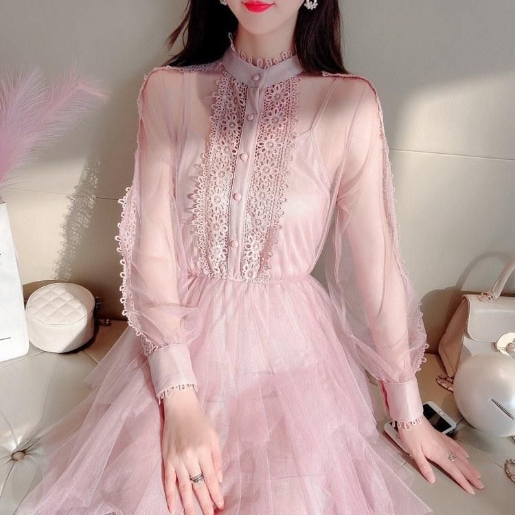 Net yarn waist fairy dress 2020 new women's tide spring sweet chic gentle lady cake skirt Pink L