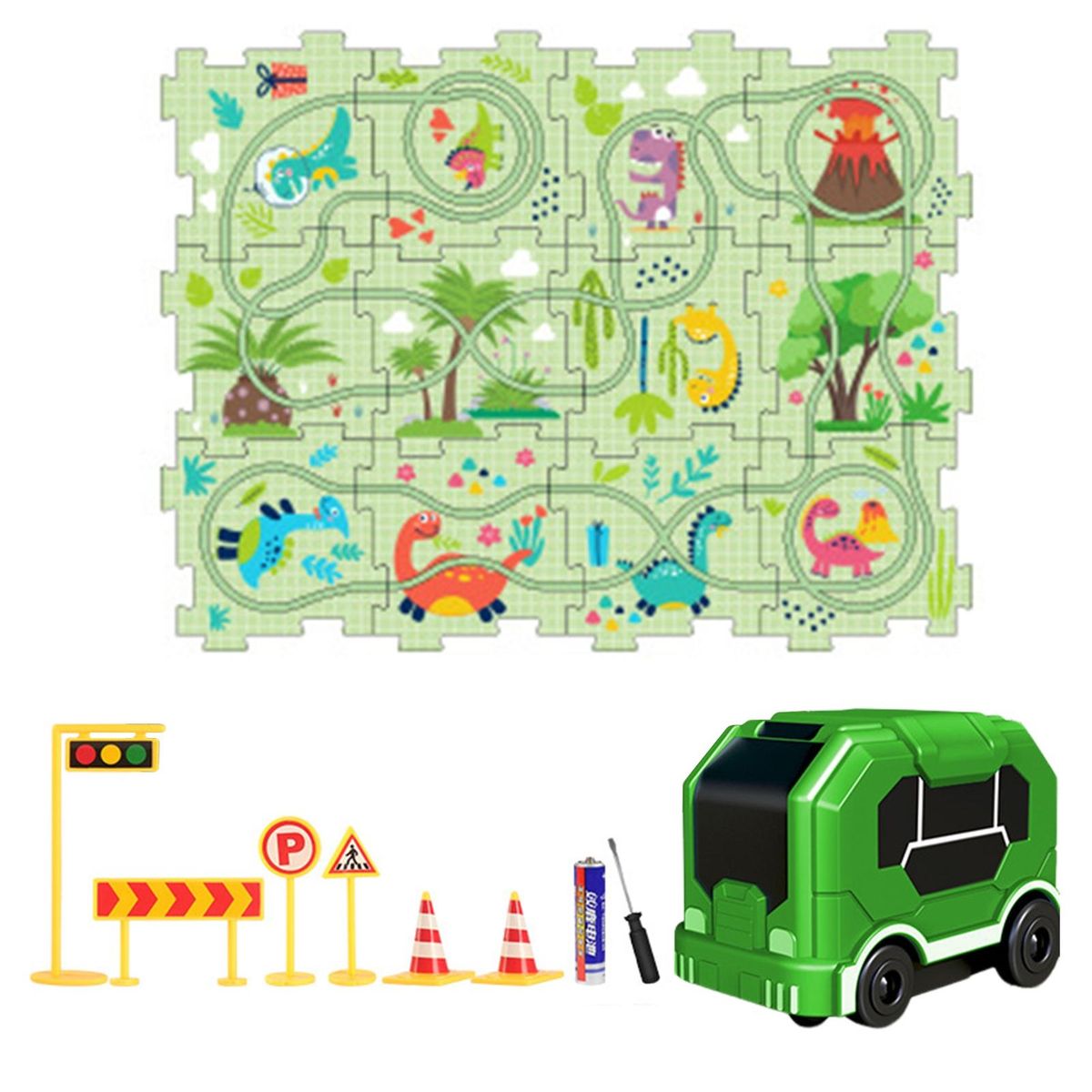 Track Building Toy City Map Puzzle Rail Car Set Exciting for Kids Green