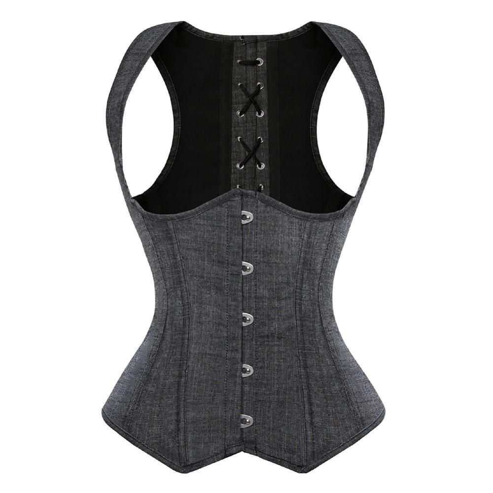 Underbust Corset Women's Denim Tight Lace Up Boned Cowgirl Corsets Ss-Black