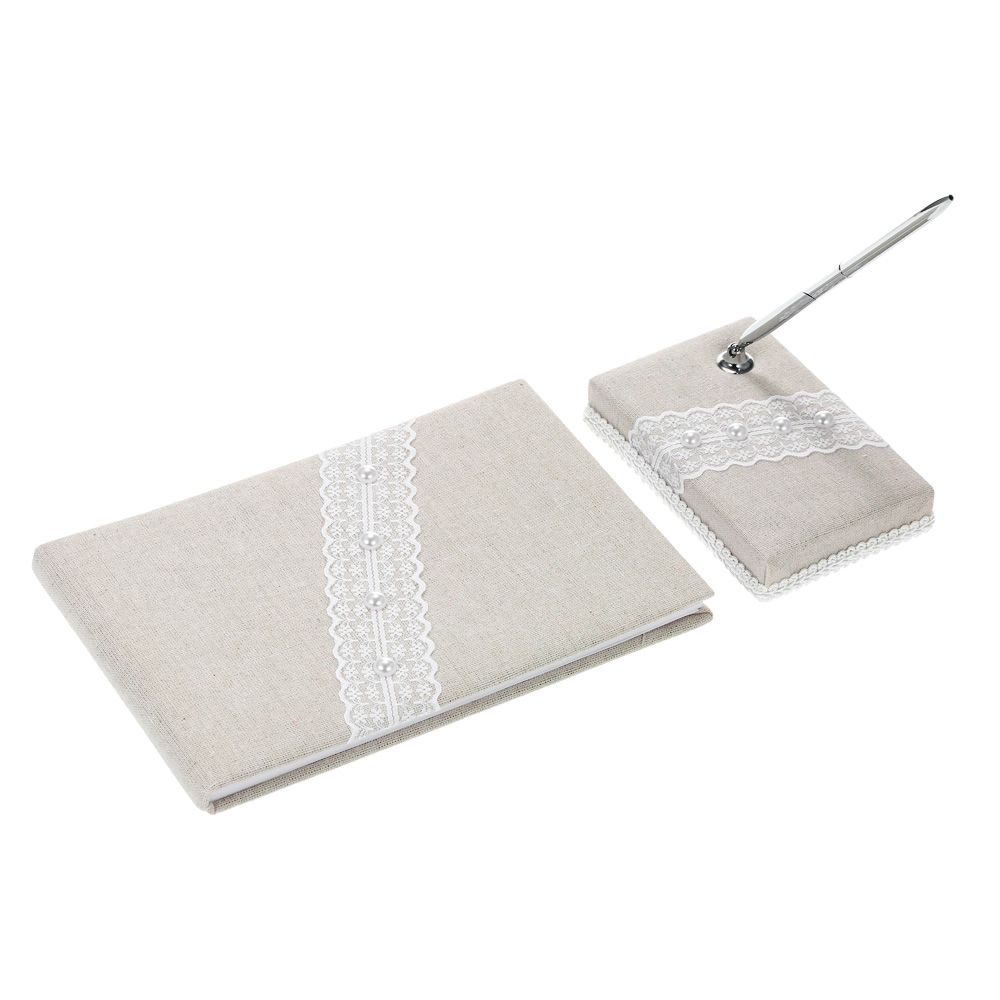 Vintage Burlap Lace Wedding Guset Signature Book And Pen