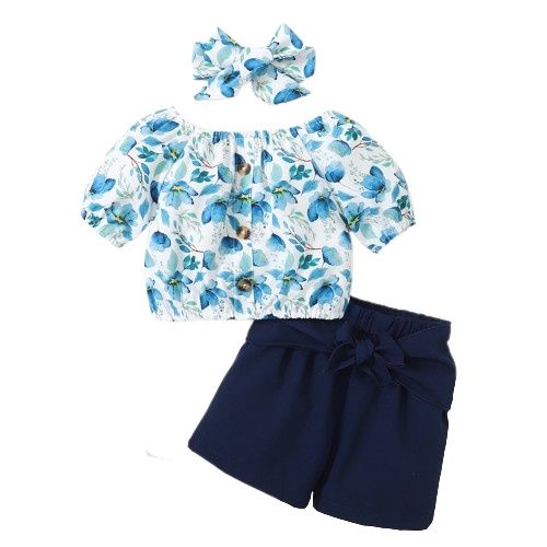 1-5Years Kid Girl Floral Short Sleeve Top+Plain Color Shorts+Headwear
