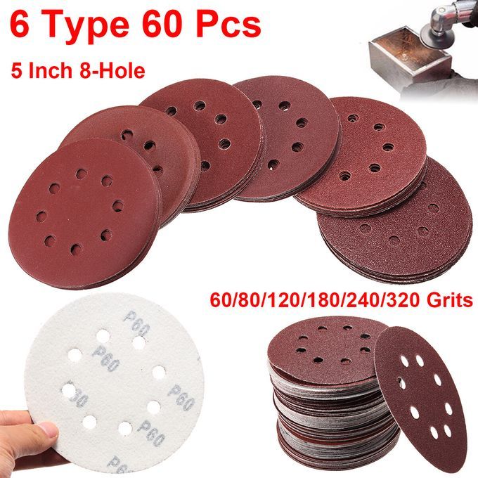 60PCS 5 Inch Sanding Disc Sandpaper 60 80 120 180 240 320 Po
