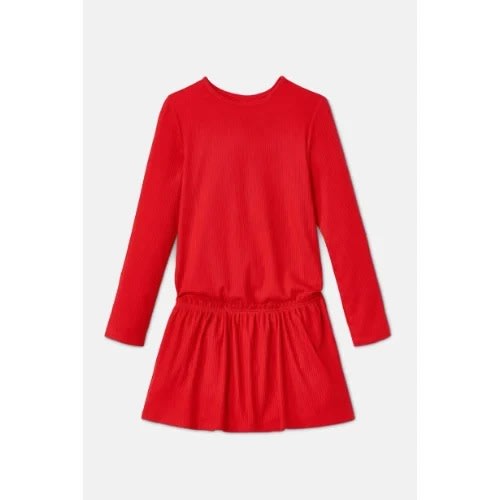Girl Long Sleeve Textured Dress - Red