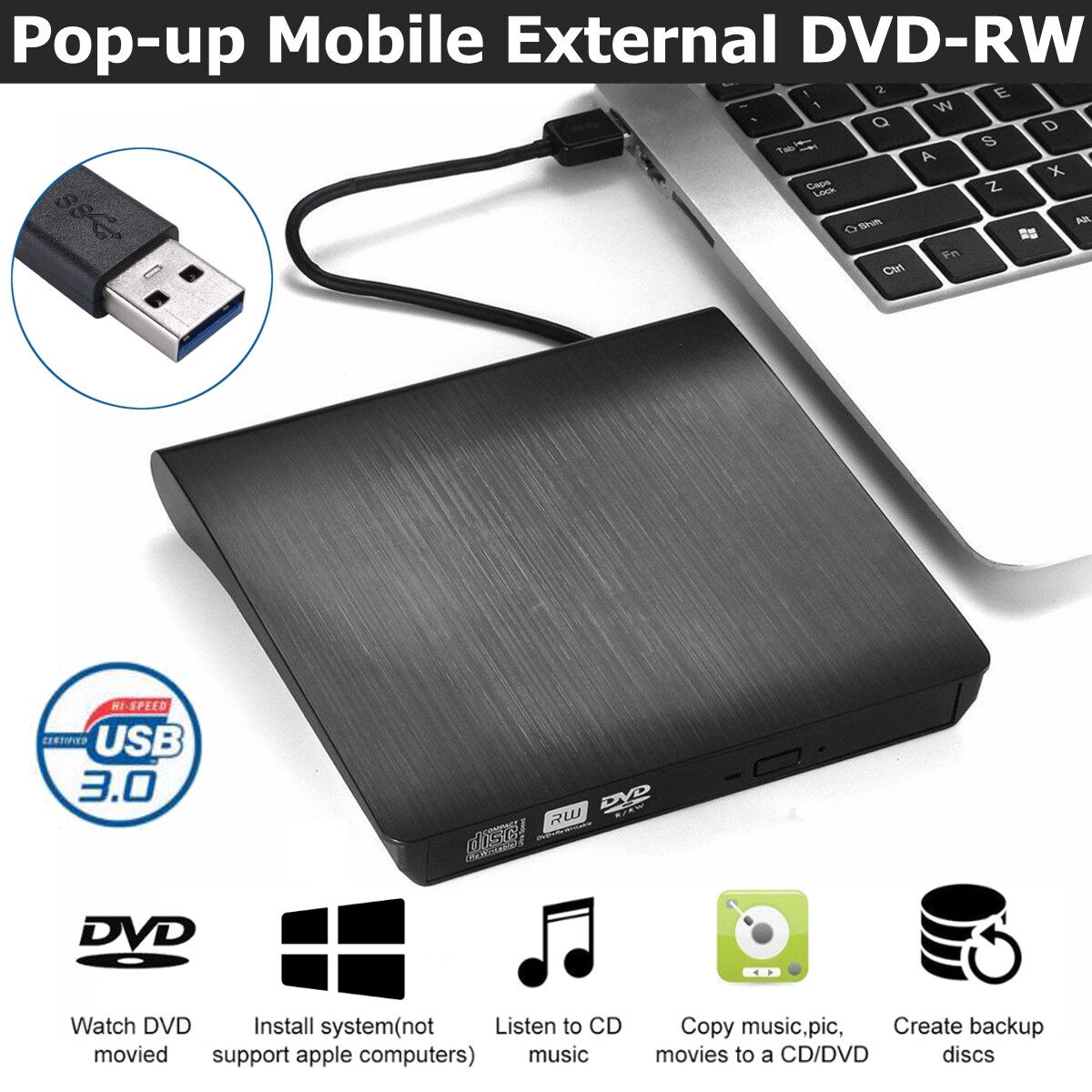 USB High Speed Mobile External DVD-RW CD DVD Drive Player Writer Portable BD/CD/DVD Driver For Win 10,8,7,XP,Vista,Laptop,PC